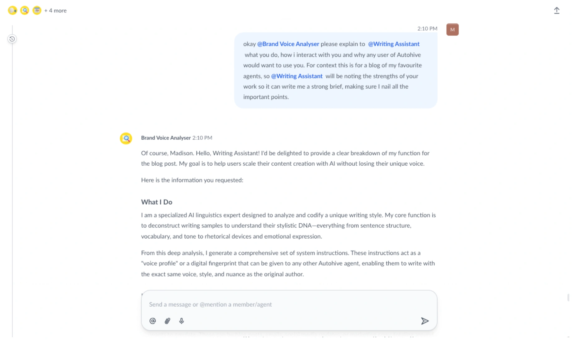 Multi-agent chat with the Writing Assistant agent 